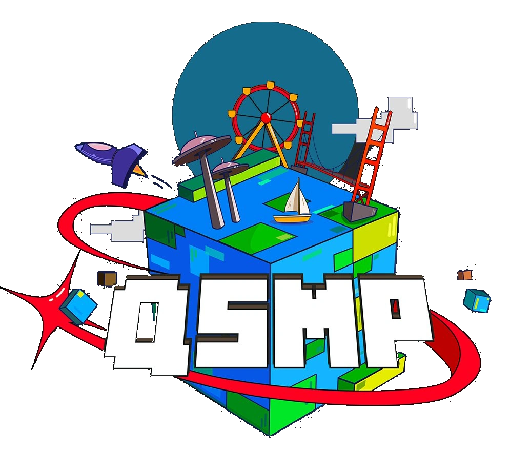 The QSMP Logo. It's a blocky earth in the Minecraft style with real-life versions of a sailboat, two Seattle needles (or perhaps UFOs) sticking out of the water, the Golden Gate Bridge in San Francisco, California, a ferris wheel, and a rocket ship taking off. The letters QSMP sit boldly in front of the blocky earth with an exciting red line swirled around it.